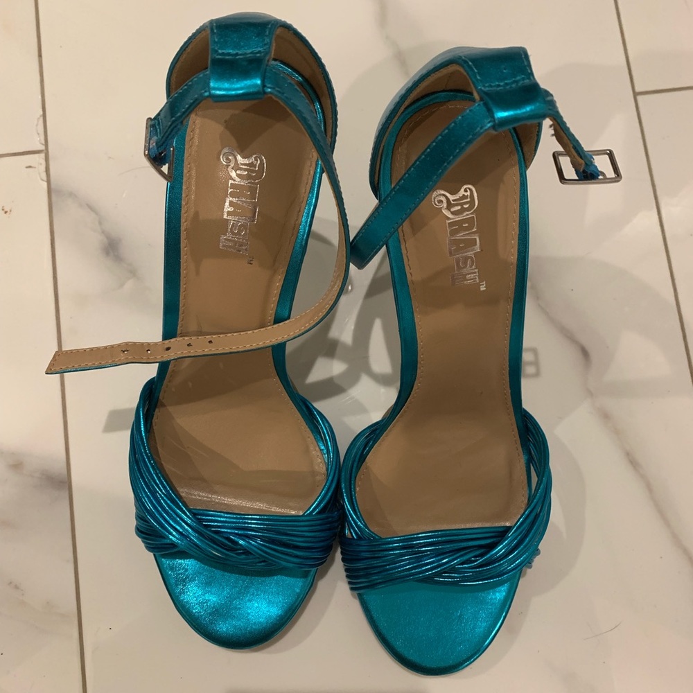 Metallic turquoise strappy heels, size 8